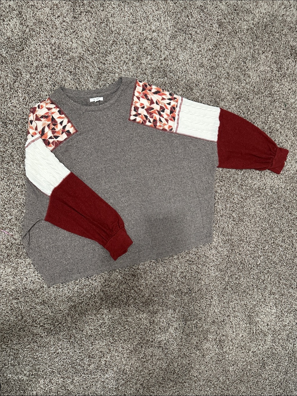 Maurices Gray Pullover with Burgundy & Cream Patterned Balloon Sleeves